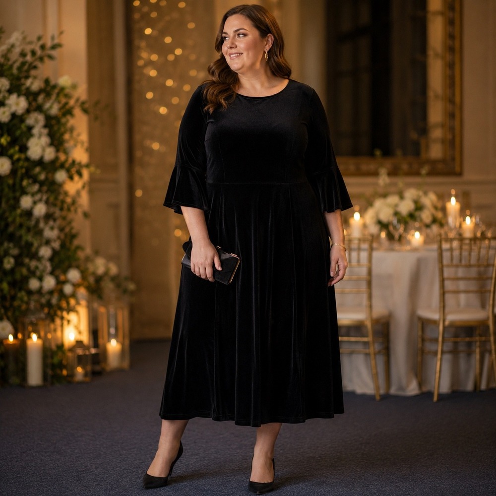 Homrain Black Velvet Midi 2x Dress Bell Sleeve Boat Neck Fit Flare Cocktail Gown